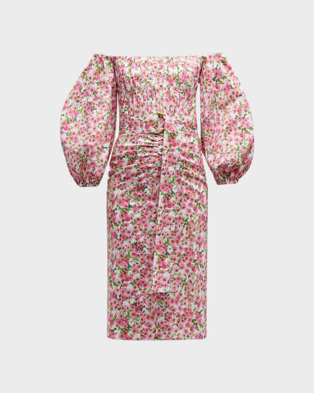 Off Shoulder Floral Print Midi Dress with Belt